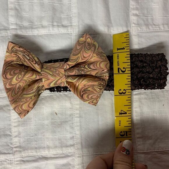 Infant Headband Brown Band Pink Gold Brown Swirls Cotton Bow Size Newborn B294 - Picture 9 of 10